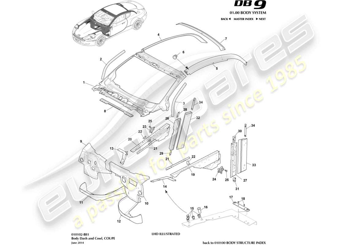 aston martin db9 (2008) armaturenbrett und motorhaube, coupé-teilediagramm