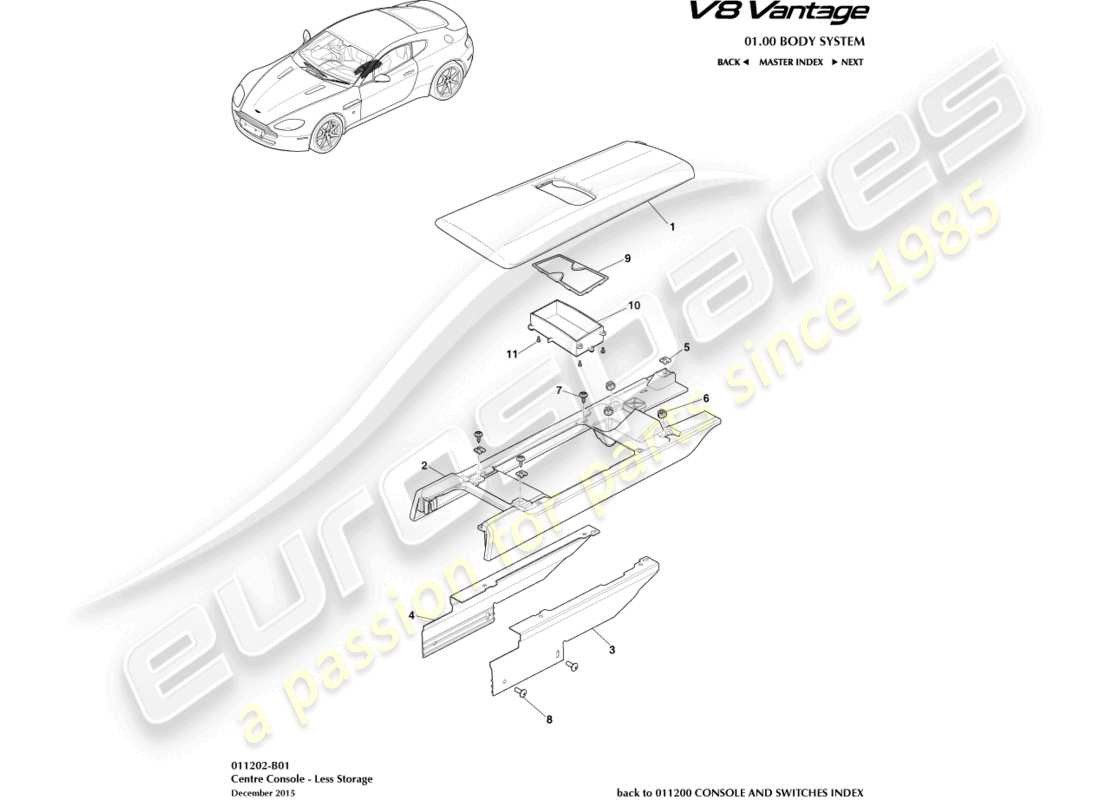 aston martin v8 vantage (2015) teilediagramm mittelkonsole ohne armlehne