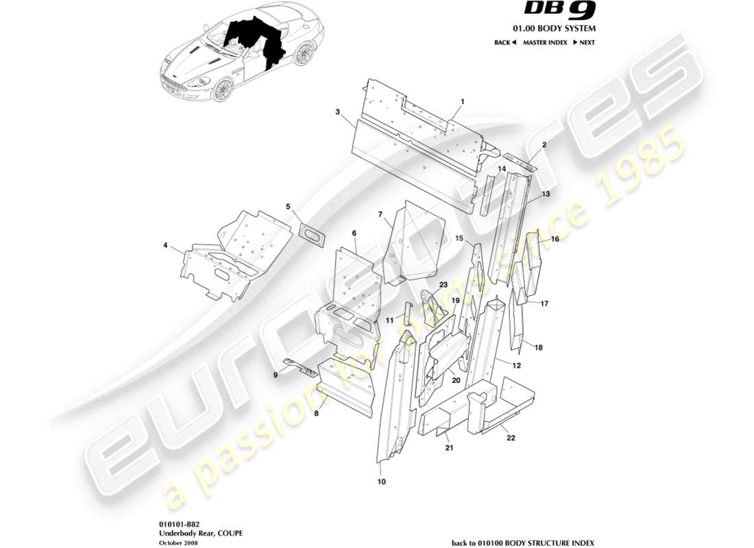 aston martin db9 (2007) unterboden hinten, coupé-teilediagramm