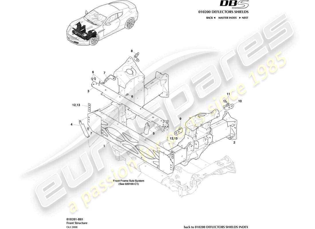aston martin dbs (2008) teilediagramm der frontstruktur