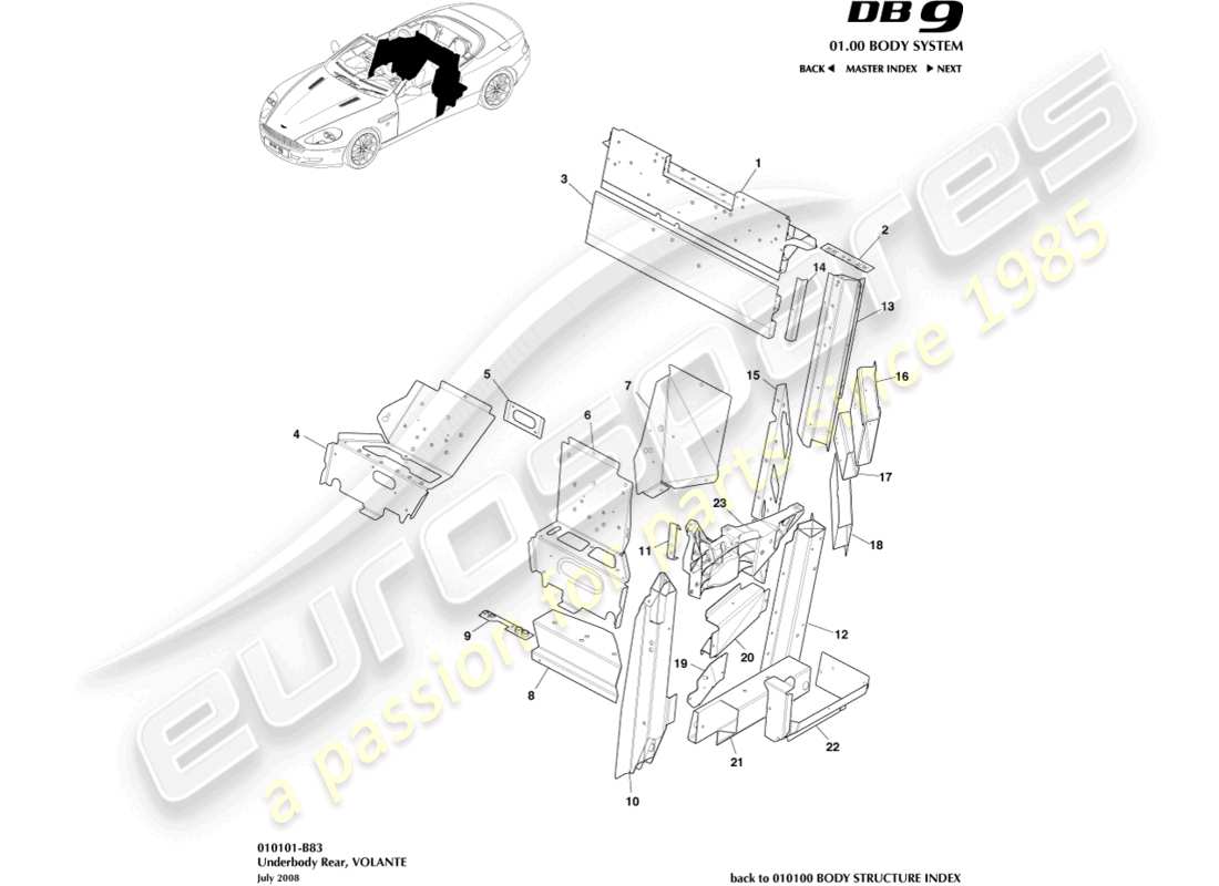 aston martin db9 (2010) unterboden hinten, volante-ersatzteildiagramm
