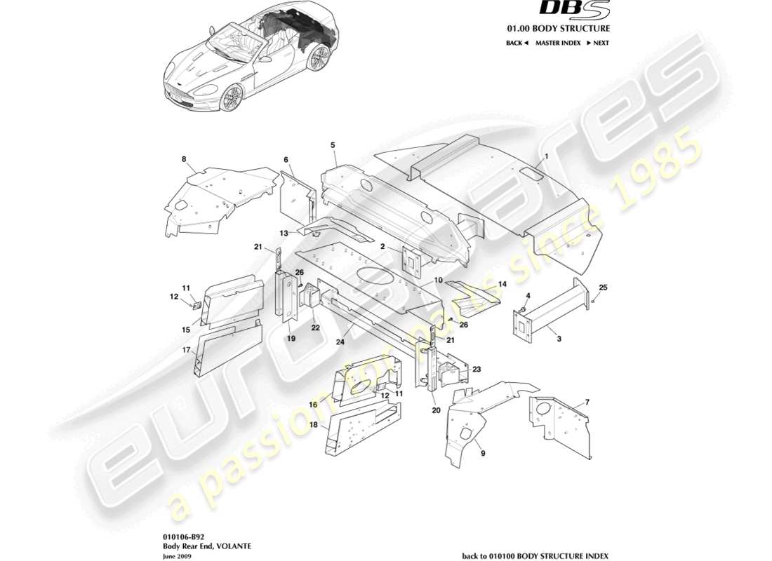 aston martin dbs (2008) karosserieheck, volante-ersatzteildiagramm