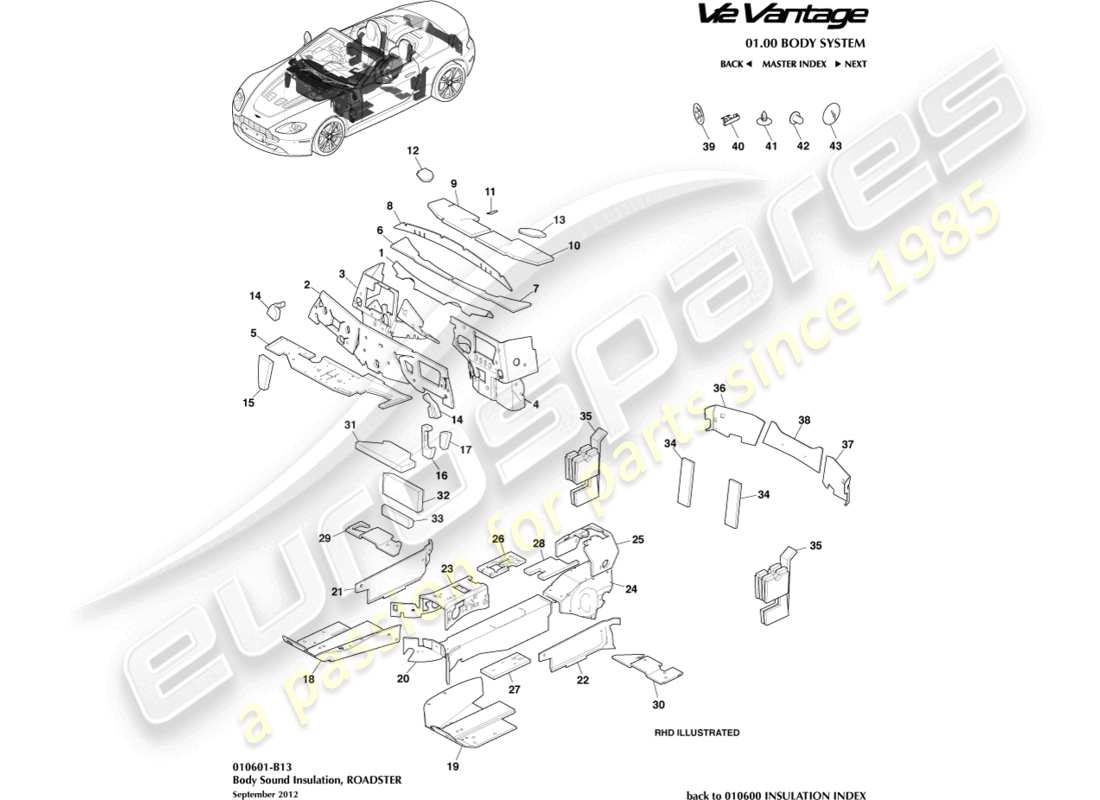 aston martin v12 vantage (2010) karosserieisolierung, roadster-teilediagramm