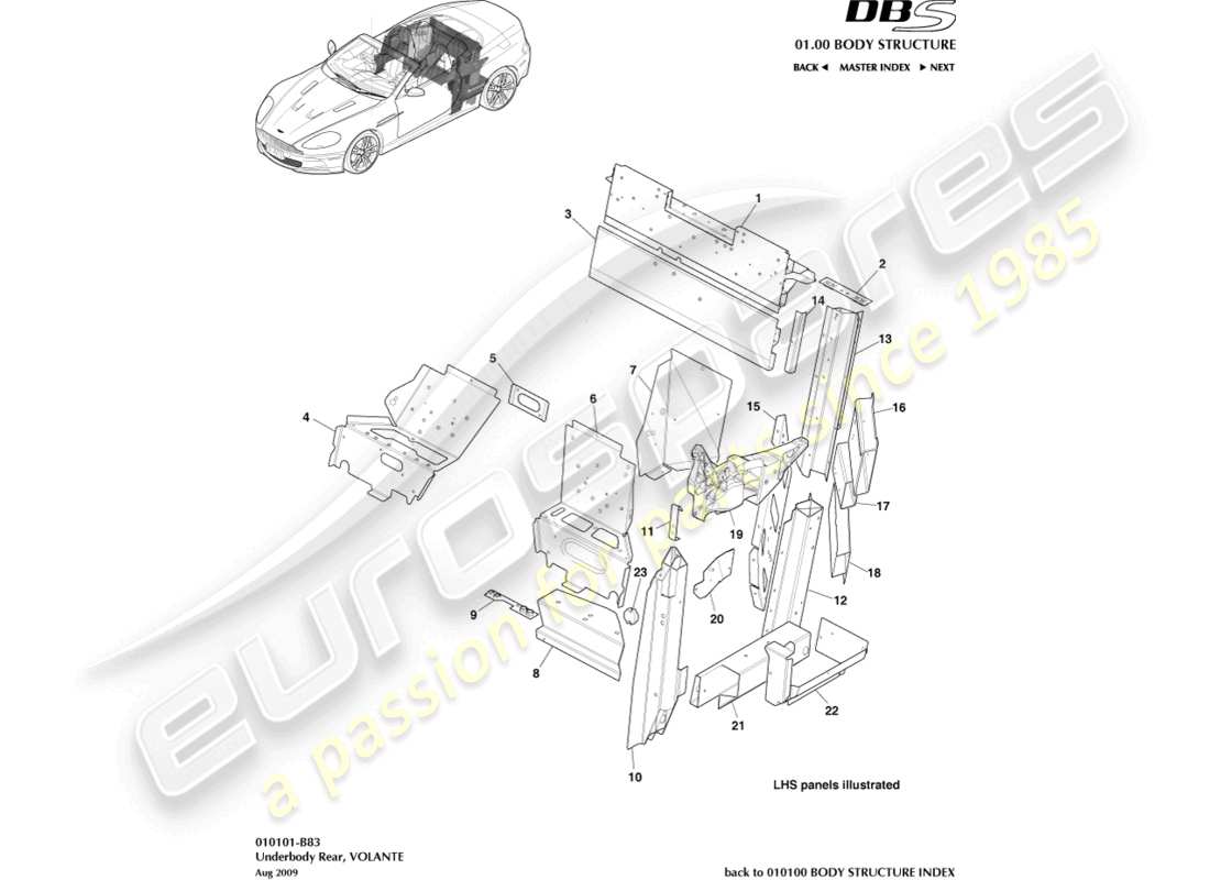 aston martin dbs (2007) unterboden hinten, volante-ersatzteildiagramm