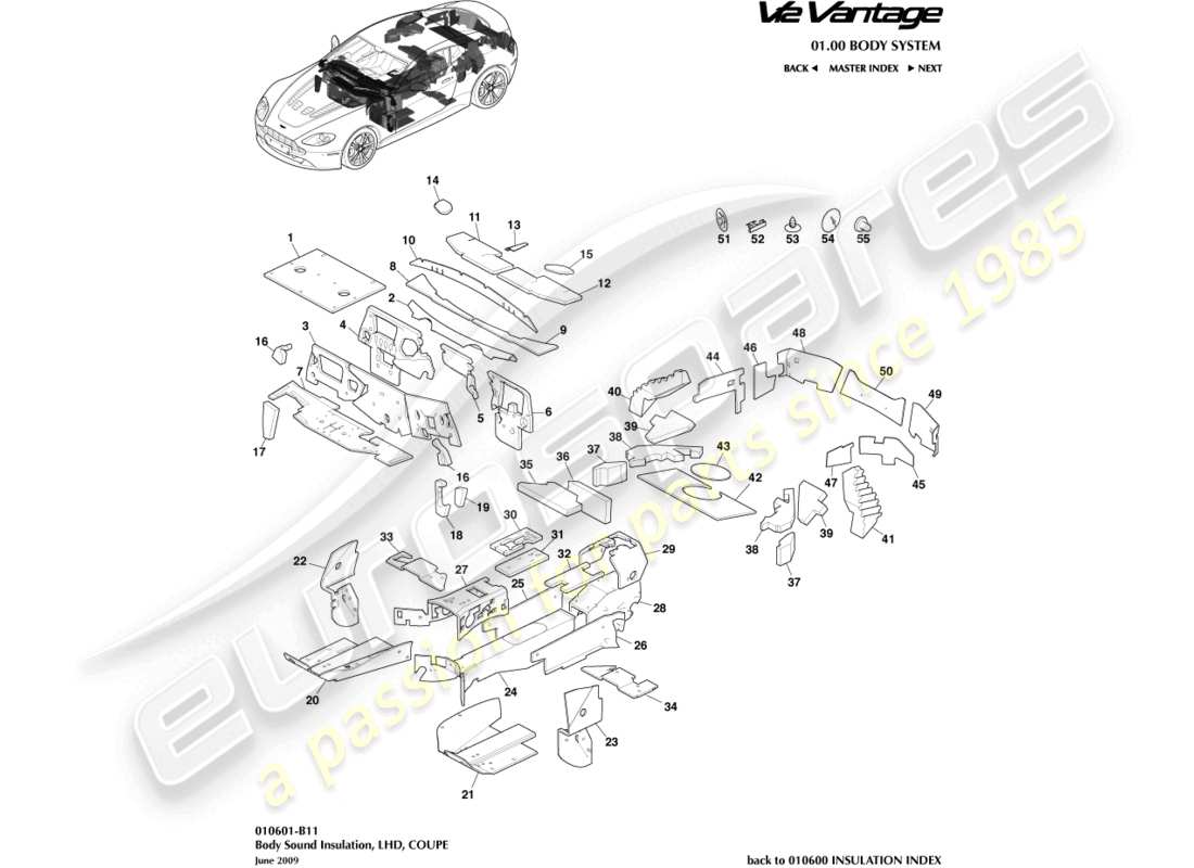 aston martin v12 vantage (2010) karosserieisolierung, coupé lhd-ersatzteildiagramm