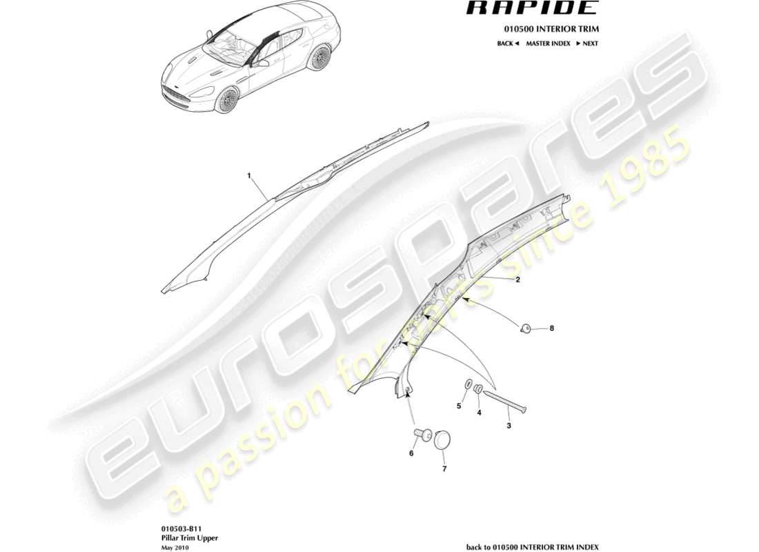 aston martin rapide (2013) a-säulenverkleidung - teilediagramm