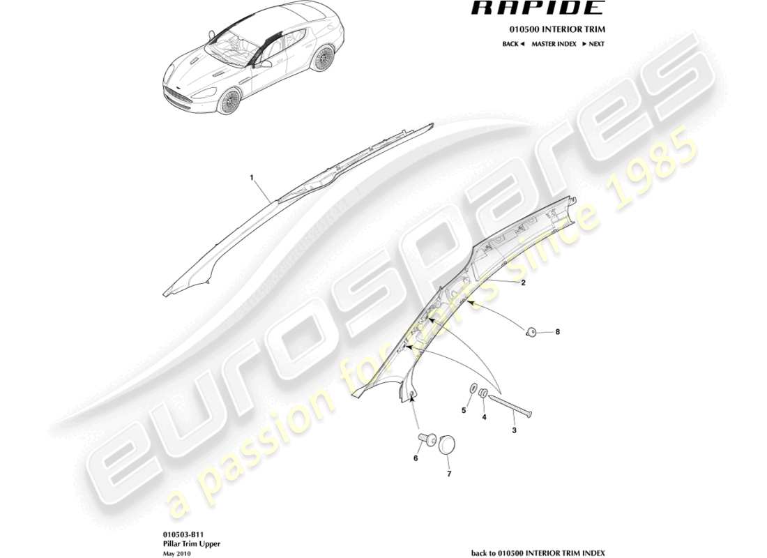 aston martin rapide (2011) a-säulenverkleidung - teilediagramm