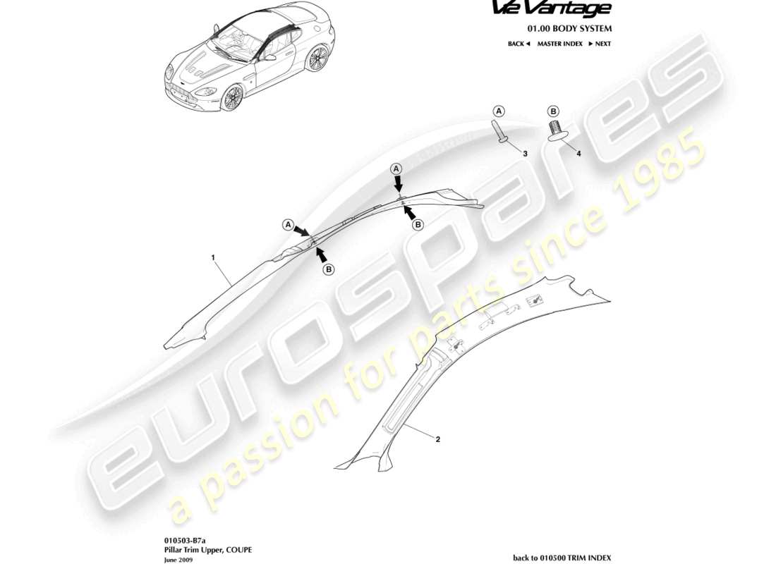 aston martin v12 vantage (2011) säulenverkleidung oben, coupé, ersatzteildiagramm
