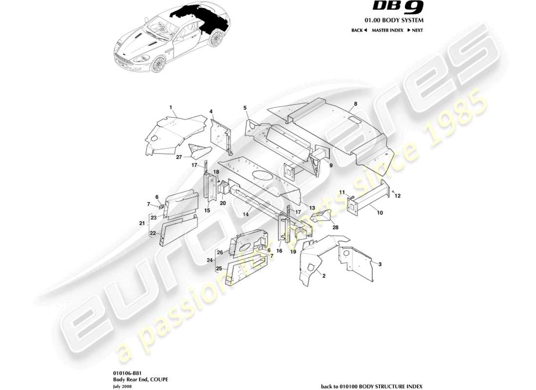aston martin db9 (2011) karosserie-heck, coupé teilediagramm