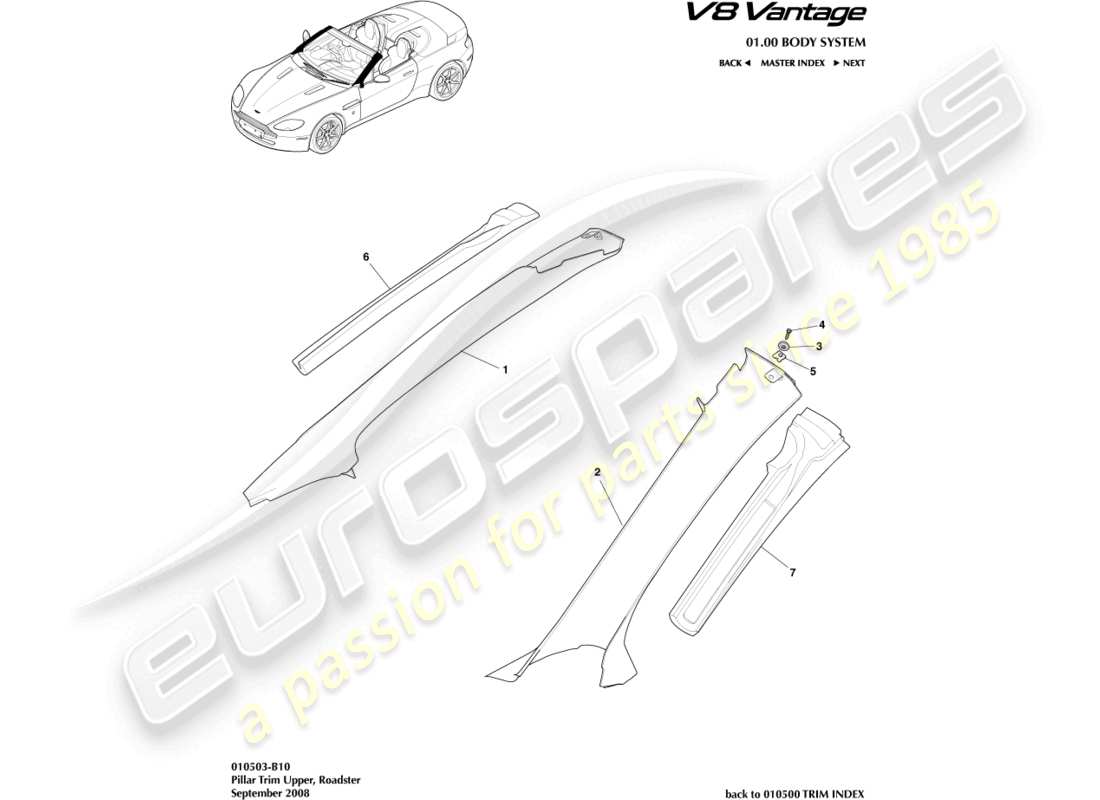 aston martin v8 vantage (2010) säulenverkleidung oben, roadster, ersatzteildiagramm
