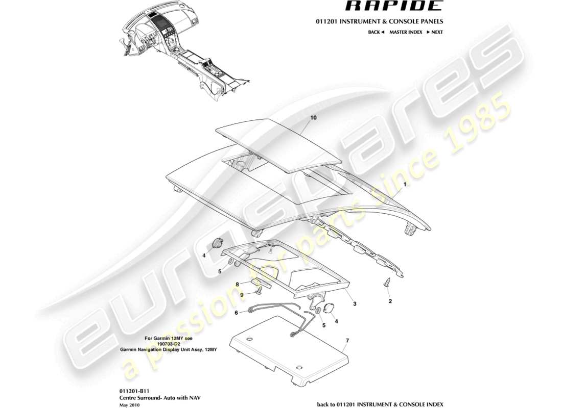 aston martin rapide (2011) teilediagramm für die mittelkonsolenverkleidung