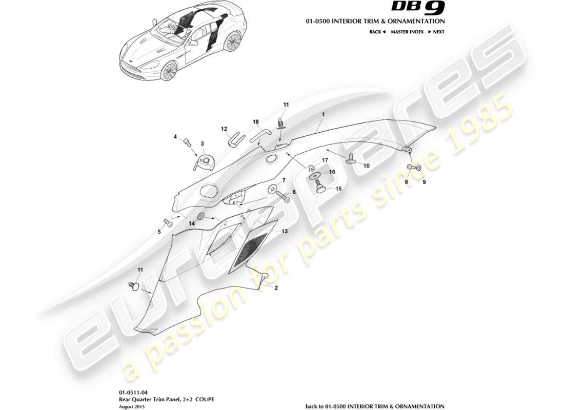aston martin db9 (2017) hintere seitenverkleidung, 2+2 coupé-teilediagramm