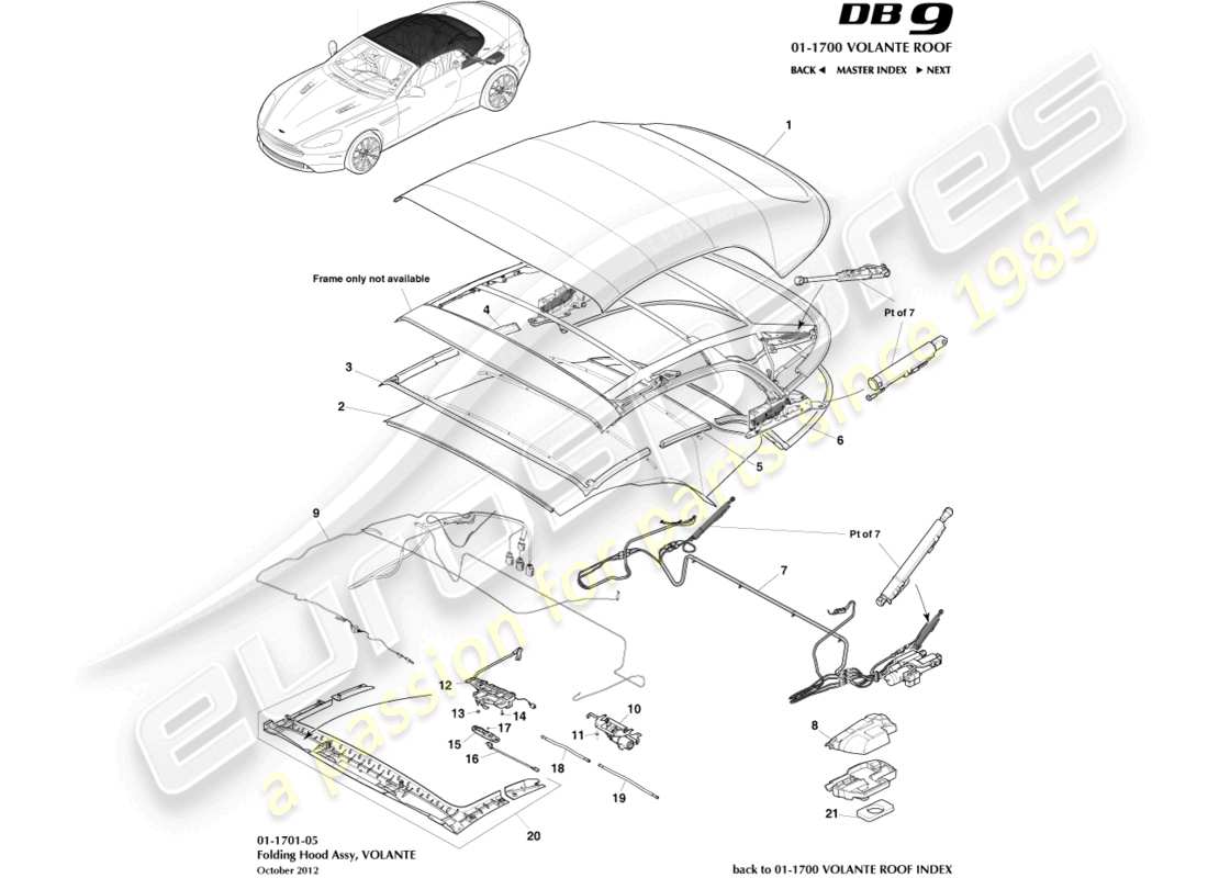 aston martin db9 (2016) teilediagramm der volante-dachbaugruppe