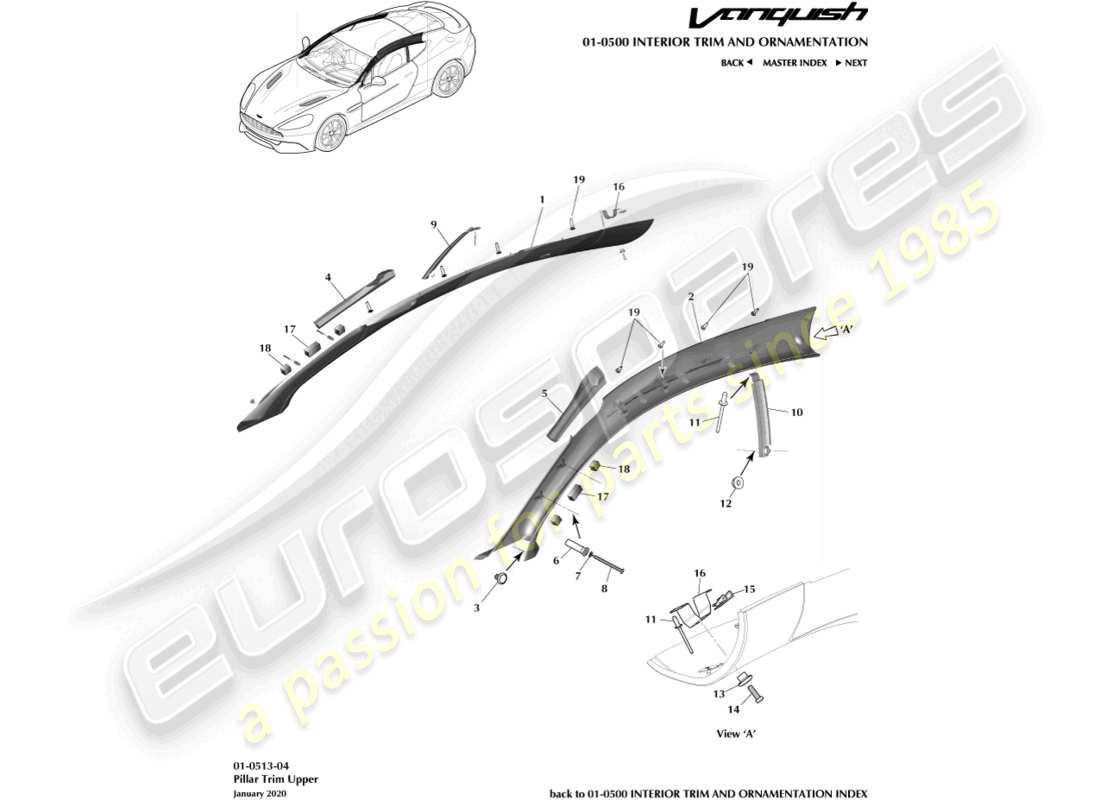 aston martin vanquish (2017) säulenverkleidung oben, coupé, ersatzteildiagramm