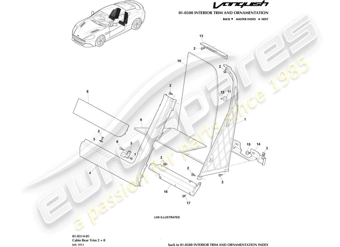 aston martin vanquish (2018) kabinenverkleidung hinten, 2+0 coupé teilediagramm