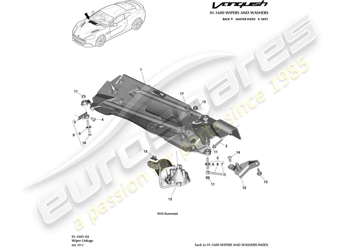 aston martin vanquish (2016) teilediagramm für wischergestänge