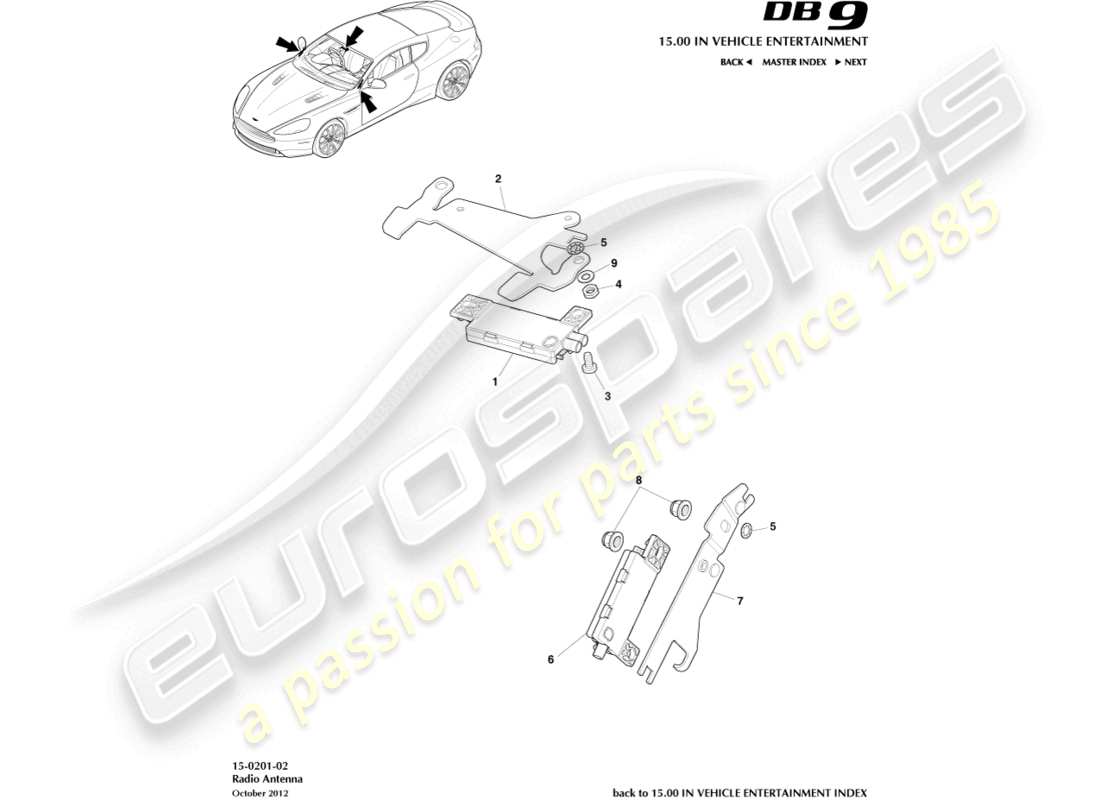 aston martin db9 (2013) teilediagramm der radioantenne
