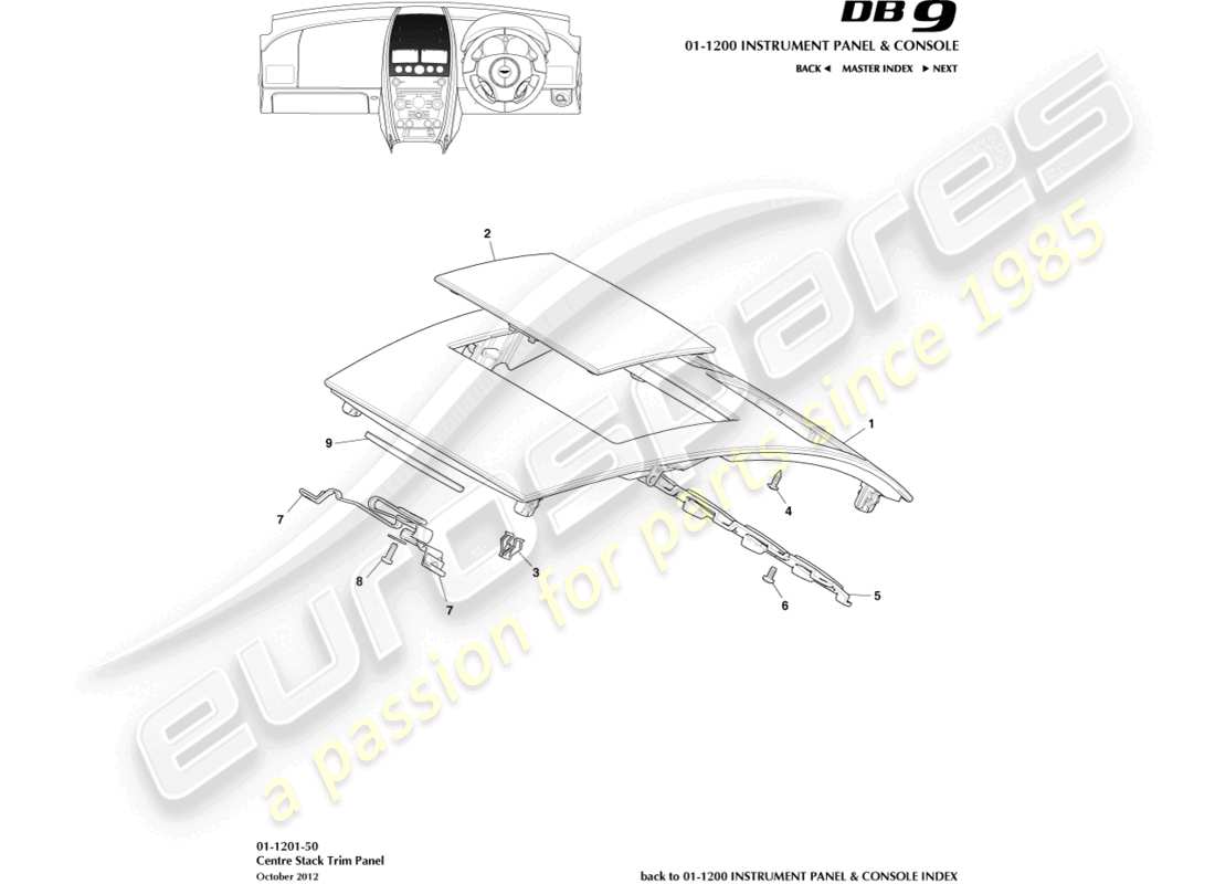 aston martin db9 (2014) teilediagramm für die mittelkonsolenverkleidung