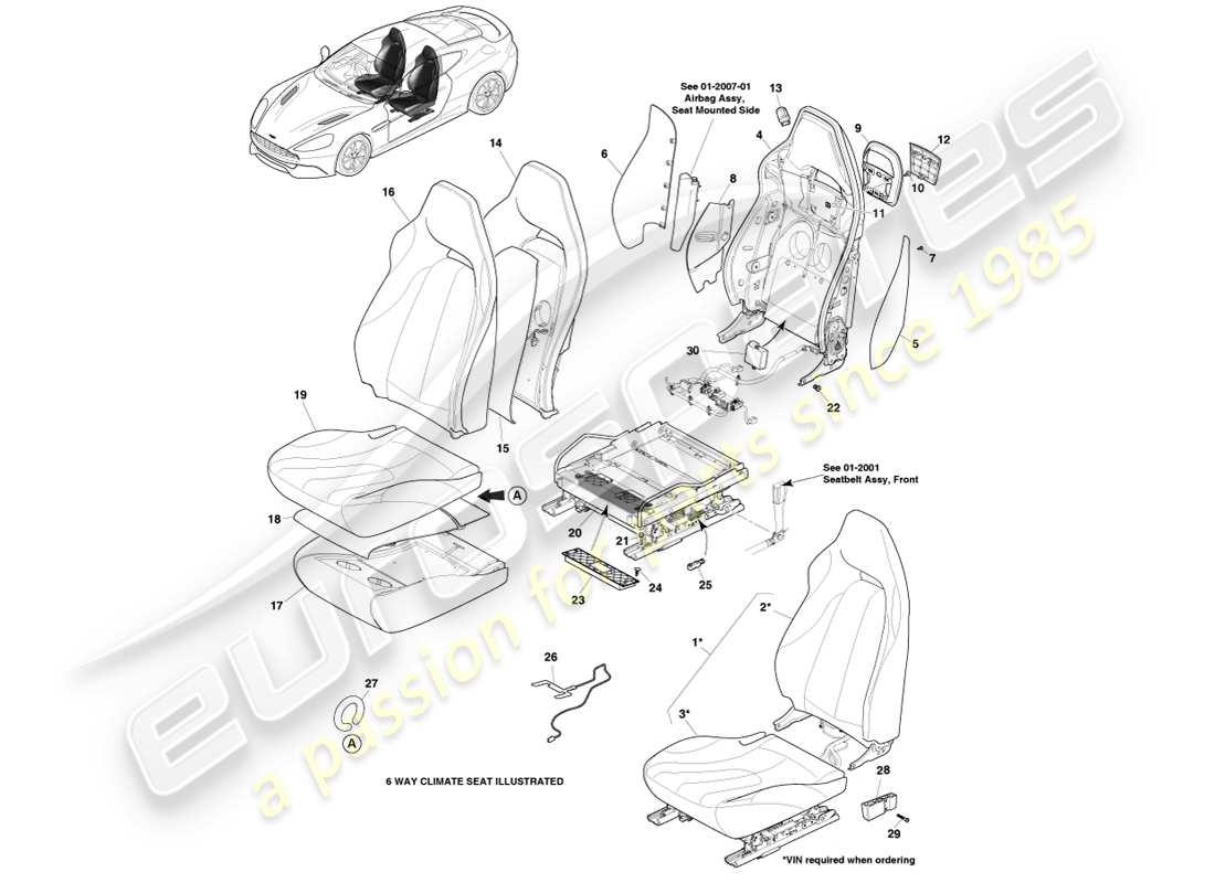 aston martin vanquish (2014) teilediagramm für vordersitze