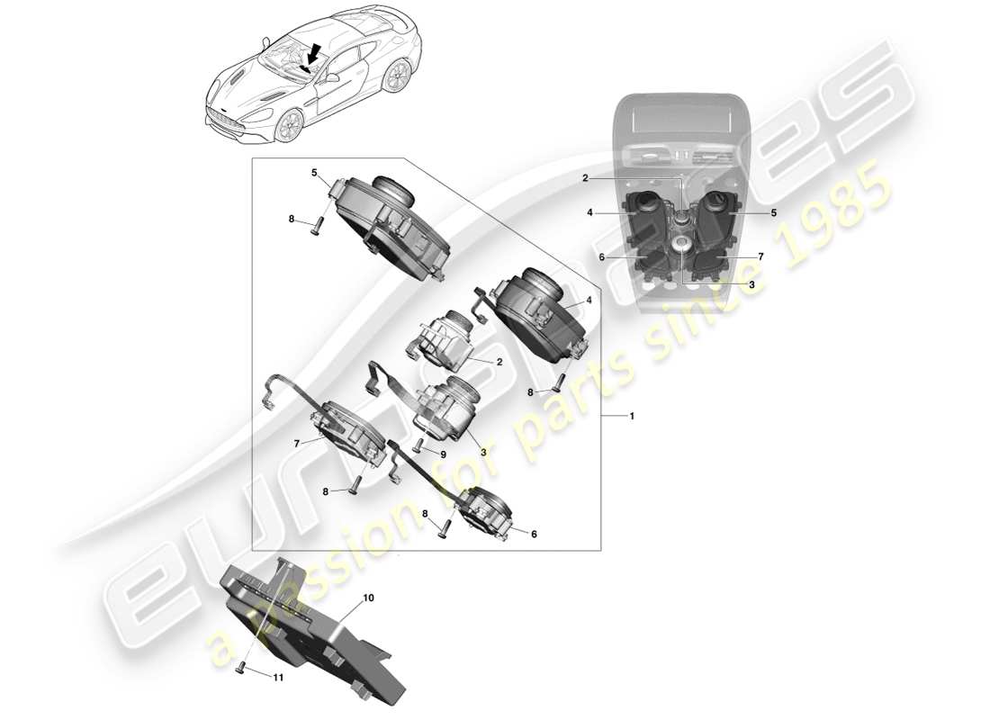 aston martin vanquish (2013) teilediagramm für infotainment-bedienelemente