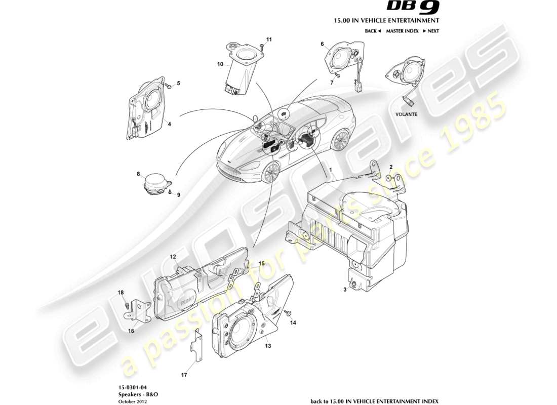 aston martin db9 (2013) lautsprecher, b&o-teilediagramm