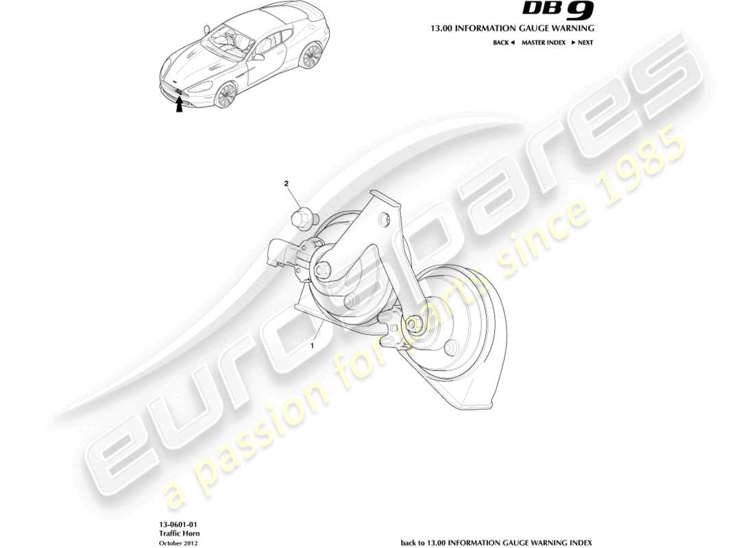 aston martin db9 (2014) teilediagramm für verkehrshupe