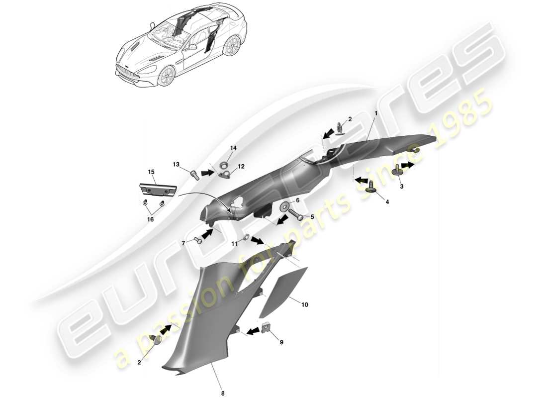aston martin vanquish (2013) hintere seitenverkleidung, 2+0 coupé-teilediagramm