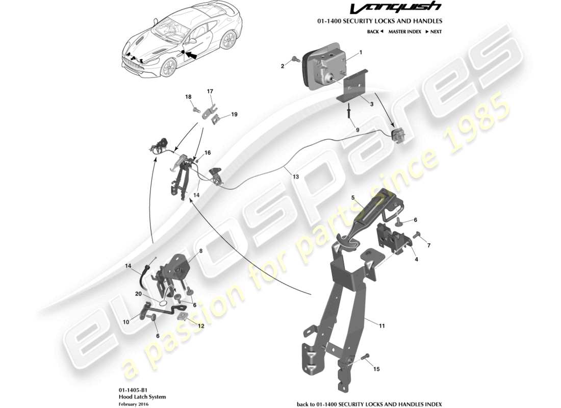 aston martin vanquish (2016) teilediagramm für motorhaubenverriegelung und -betätigung