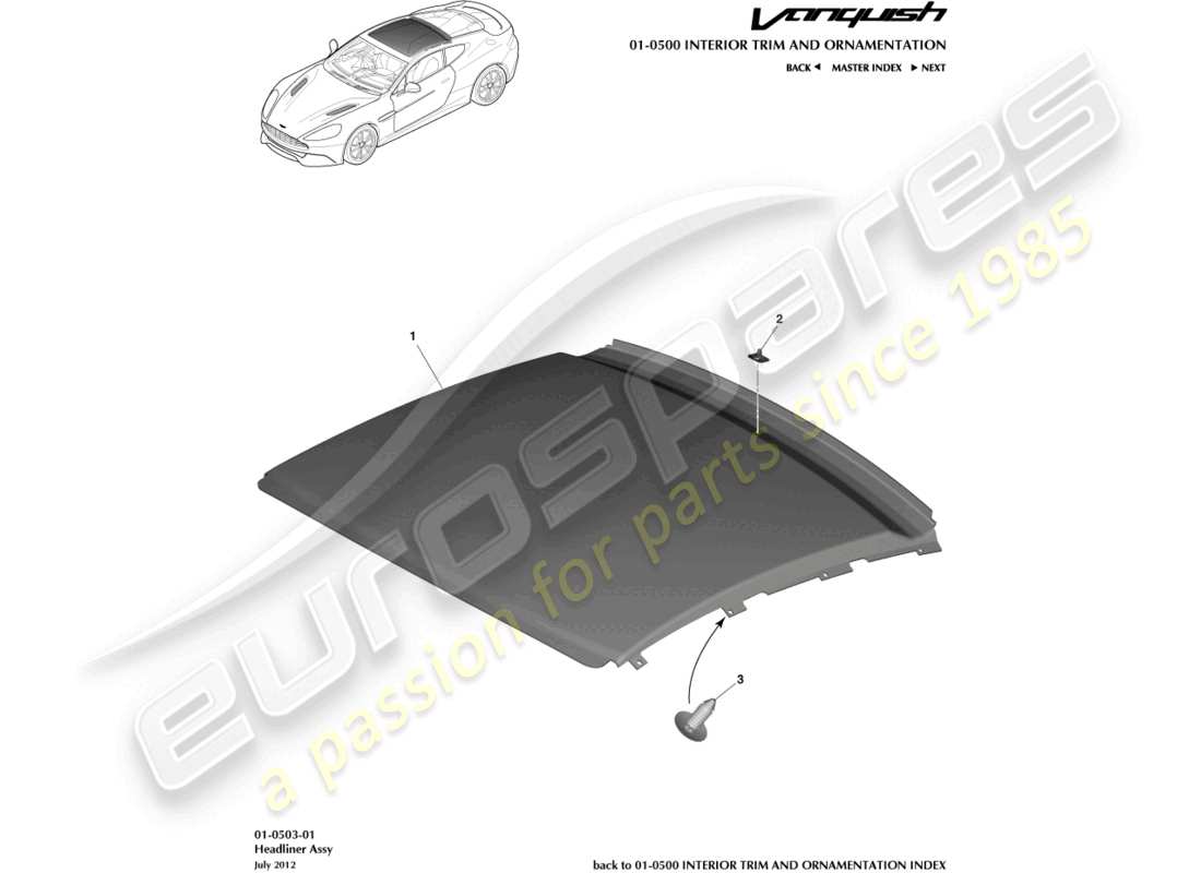 aston martin vanquish (2017) teilediagramm der dachhimmelbaugruppe