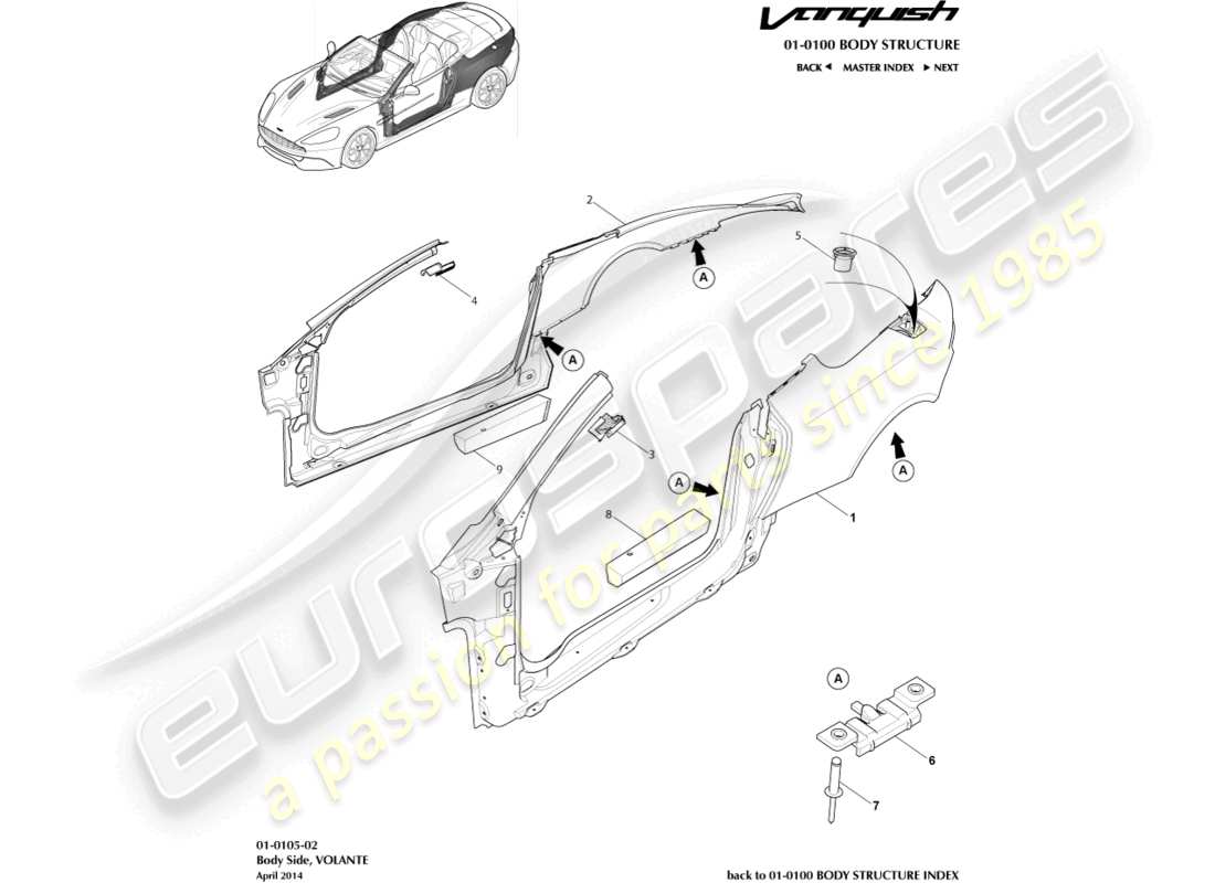 aston martin vanquish (2017) karosserieseite, volante-teilediagramm