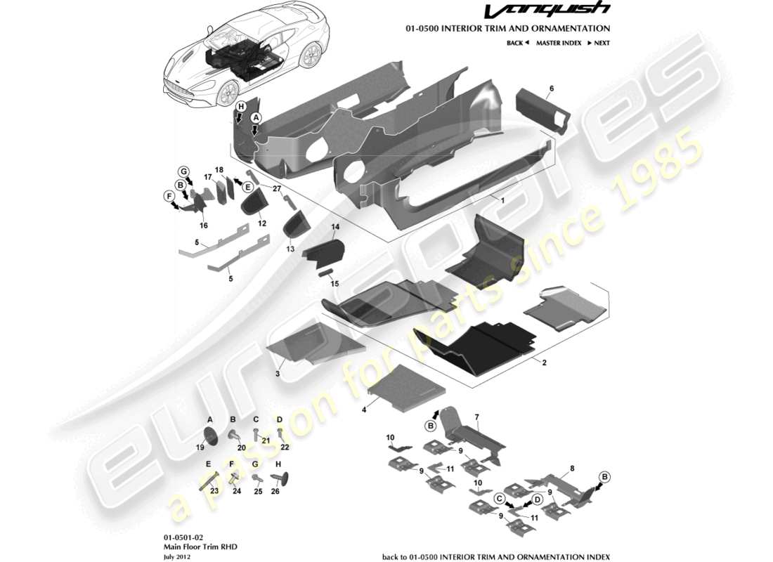 aston martin vanquish (2017) hauptbodenverkleidung, rhd-ersatzteildiagramm
