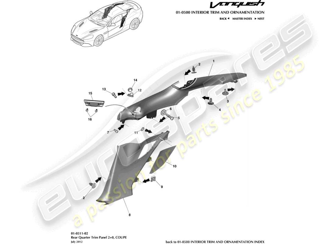 aston martin vanquish (2017) hintere seitenverkleidung, 2+0 coupé-teilediagramm