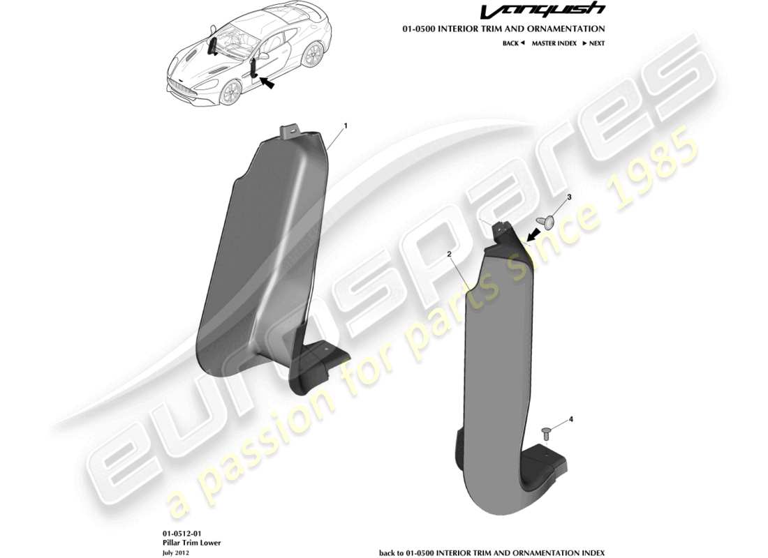 aston martin vanquish (2017) säulenverkleidung, unteres teildiagramm
