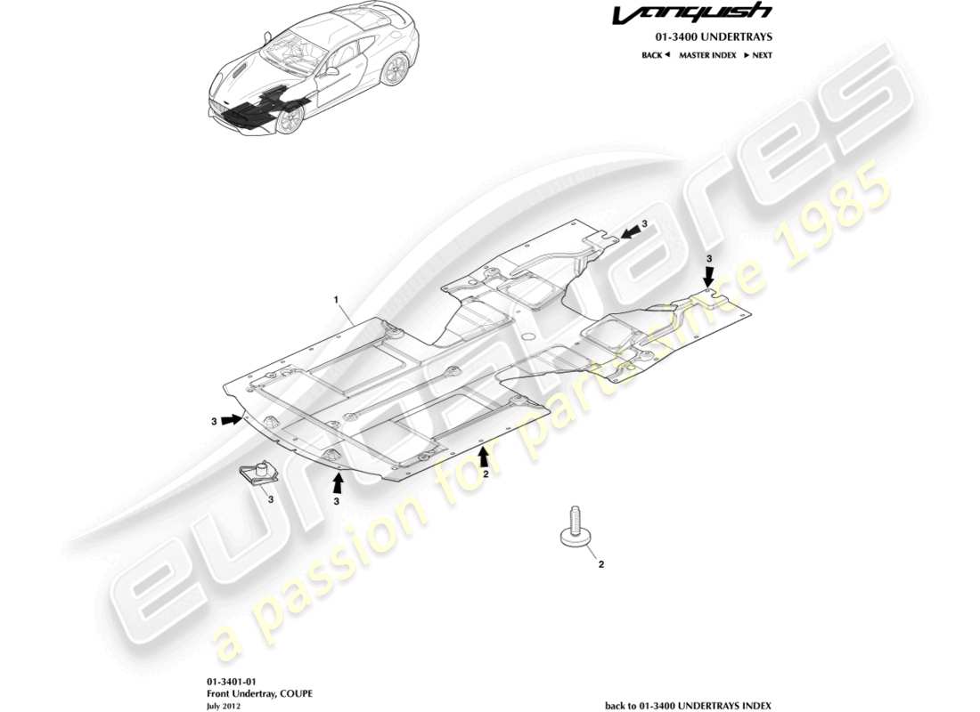 aston martin vanquish (2016) vordere unterbodenabdeckung, coupé-teilediagramm
