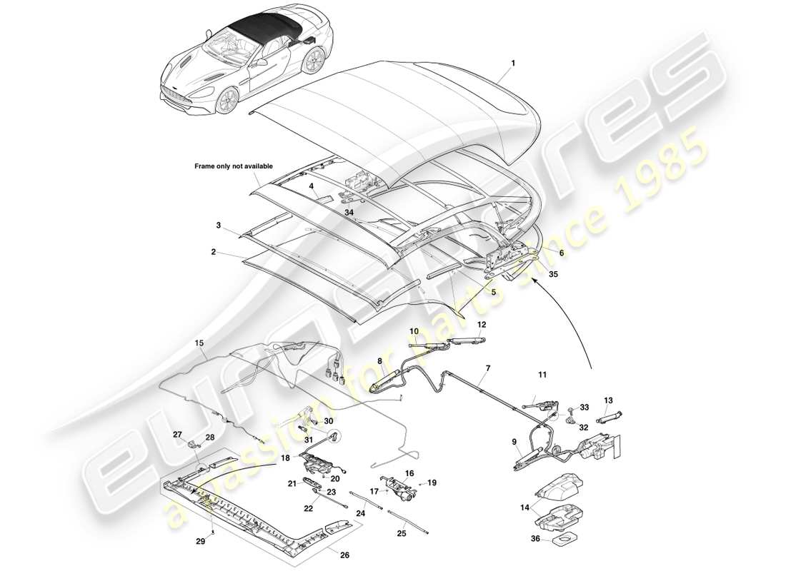 aston martin vanquish (2014) teilediagramm der volante-dachbaugruppe