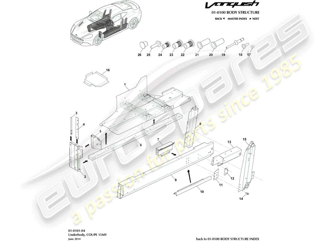 aston martin vanquish (2018) unterboden, coupé teilediagramm