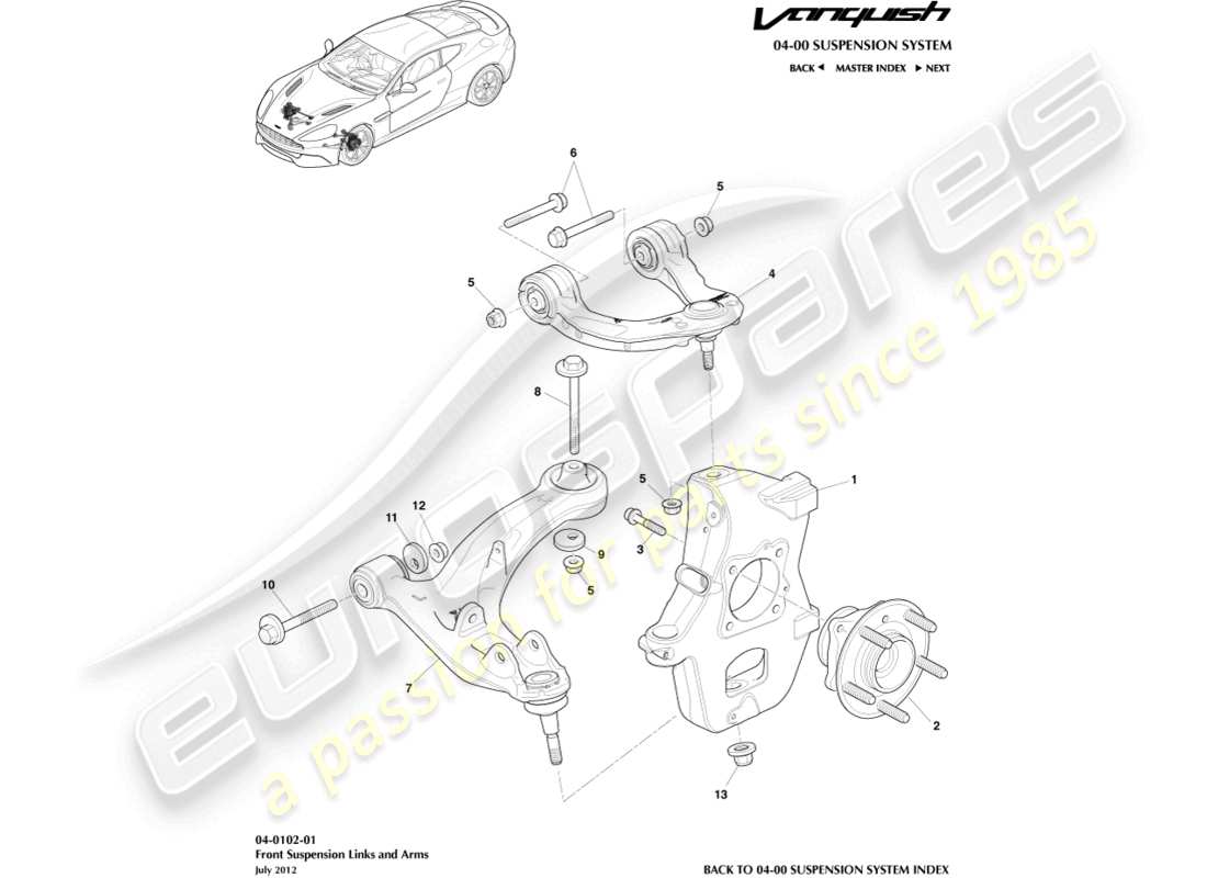 aston martin vanquish (2017) teilediagramm der vorderradaufhängung