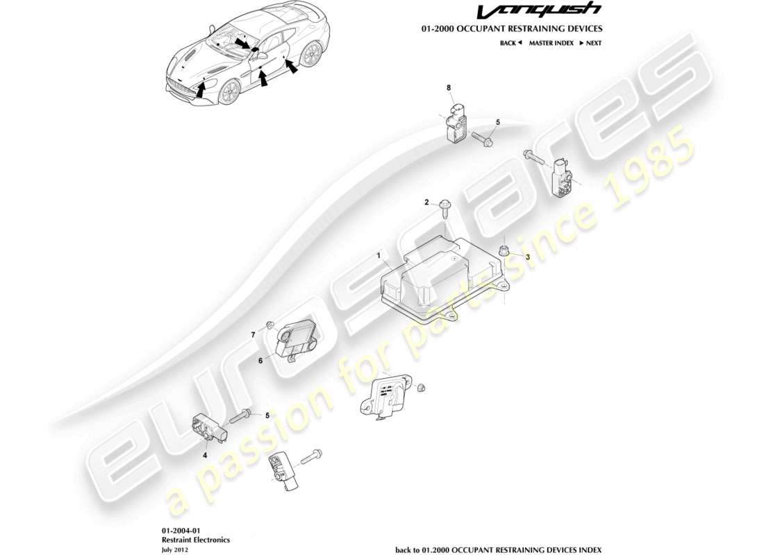 aston martin vanquish (2017) teilediagramm für rückhalteelektronik