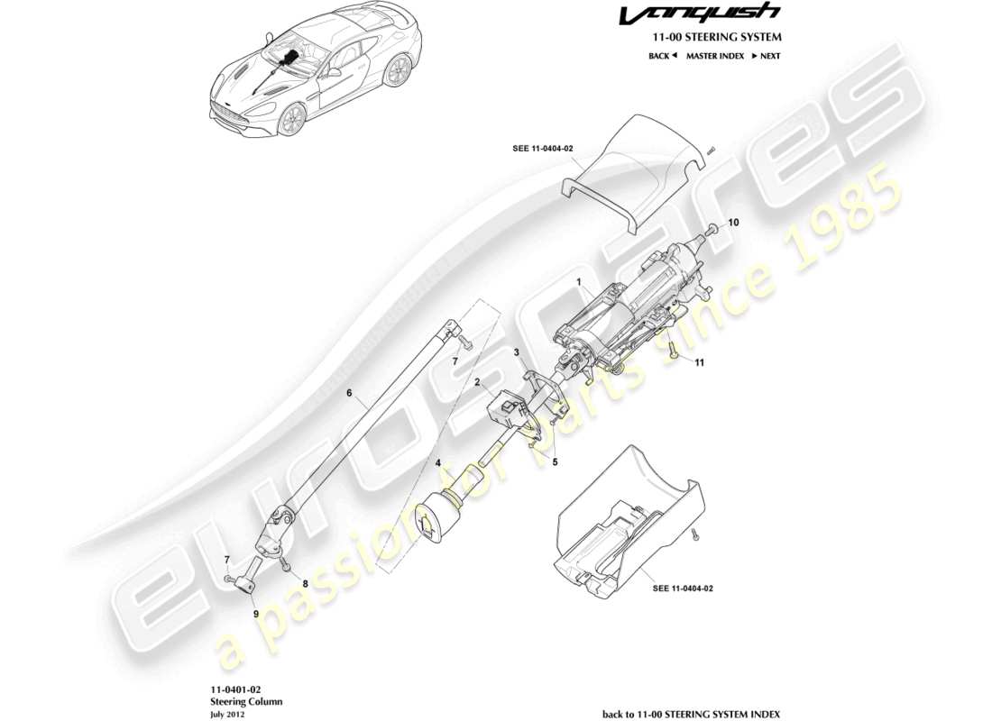 aston martin vanquish (2017) teilediagramm der lenksäulenbaugruppe