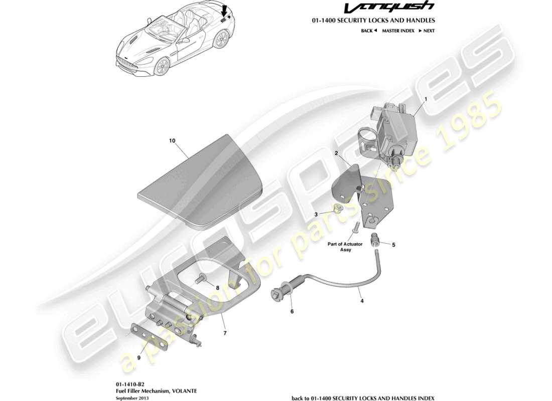 aston martin vanquish (2016) kraftstoffeinfüllmechanismus, volante-teilediagramm