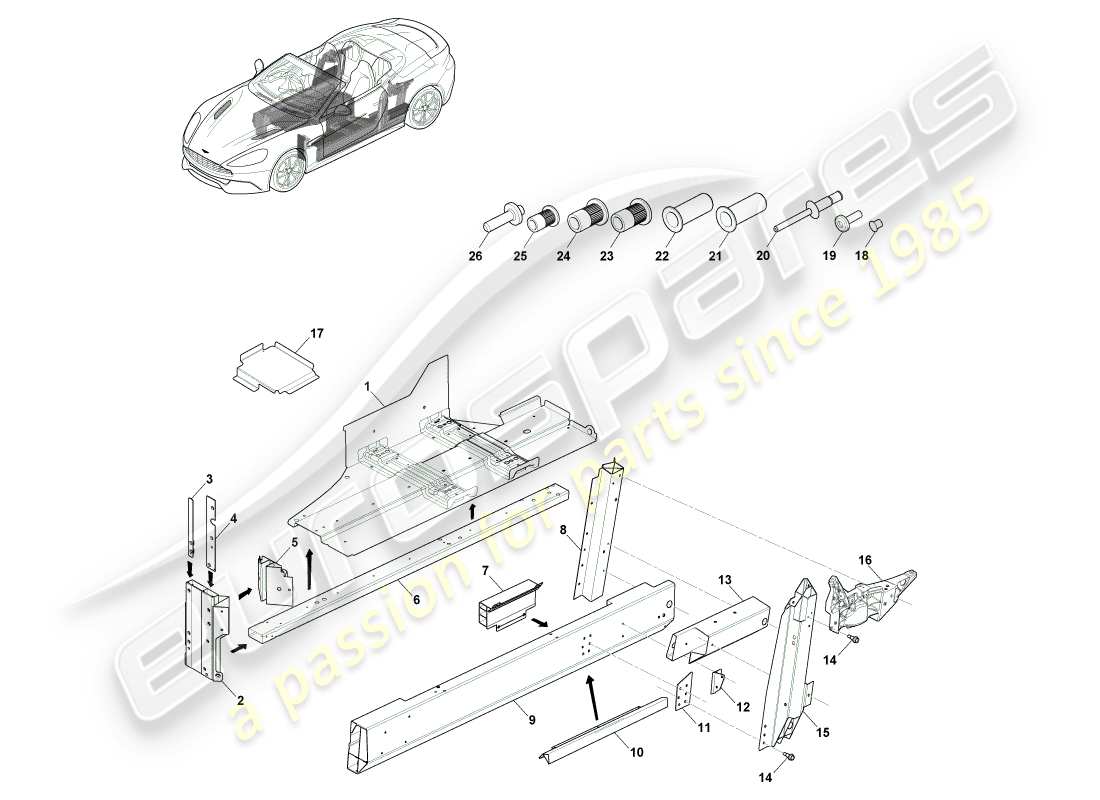 aston martin vanquish (2014) unterboden, volante-teilediagramm