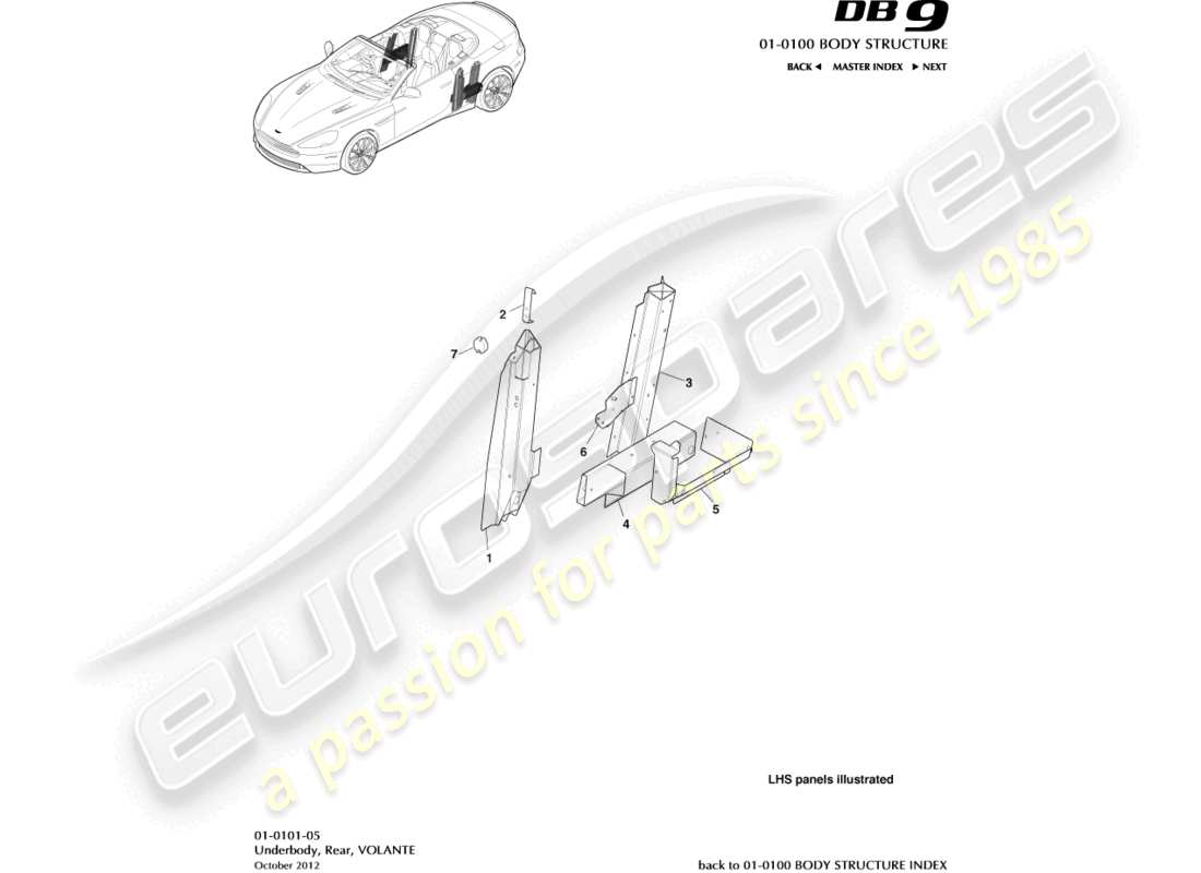 aston martin db9 (2016) unterboden, heck, volante-teilediagramm