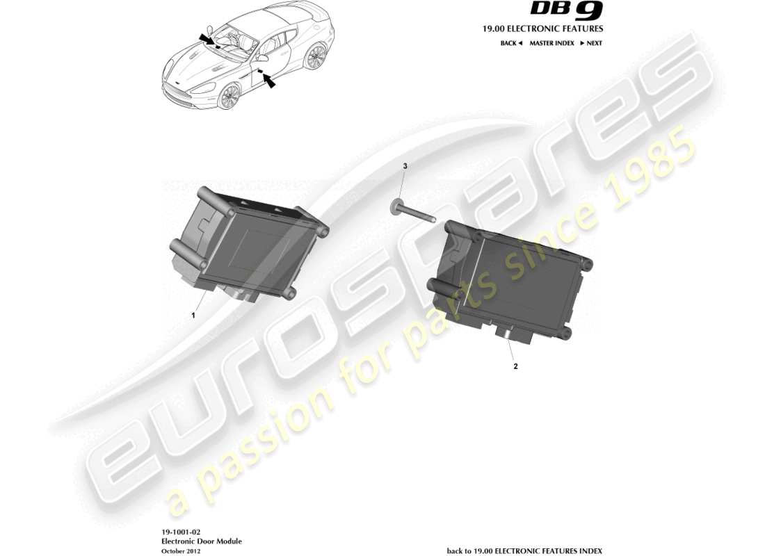 aston martin db9 (2017) teilediagramm des elektronischen türmoduls