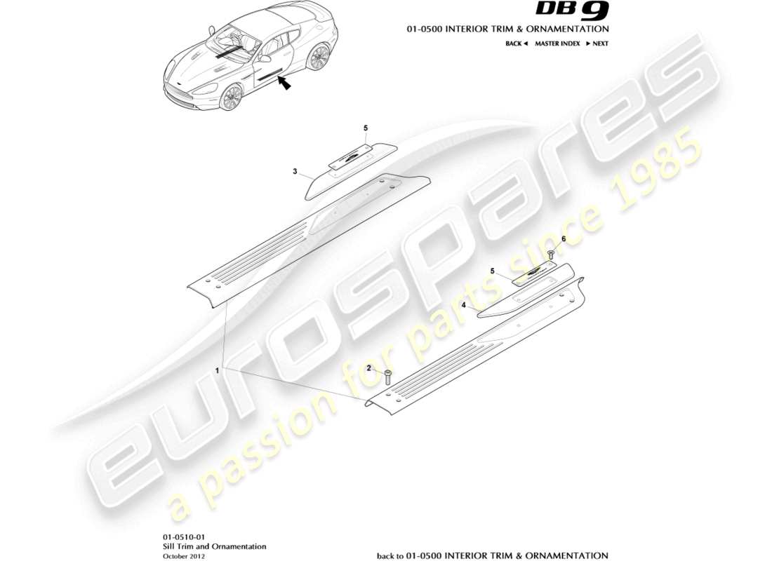 aston martin db9 (2014) teilediagramm für schwellerverkleidung und verzierung