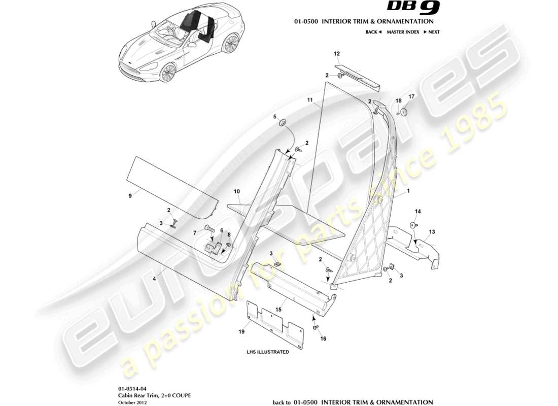 aston martin db9 (2013) kabinenverkleidung hinten, 2+0 coupé-teilediagramm