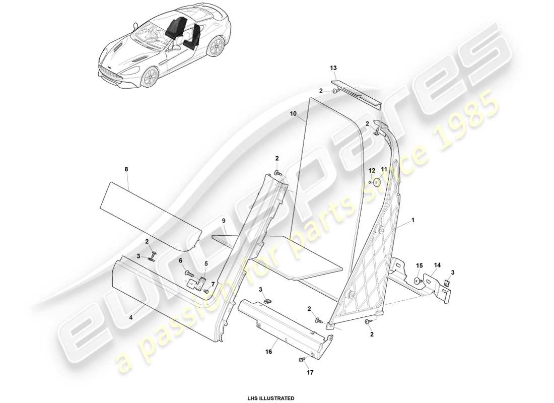 aston martin vanquish (2014) kabinenverkleidung hinten, 2+0 coupé-teilediagramm