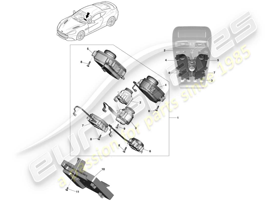 aston martin vanquish (2014) teilediagramm für infotainment-bedienelemente