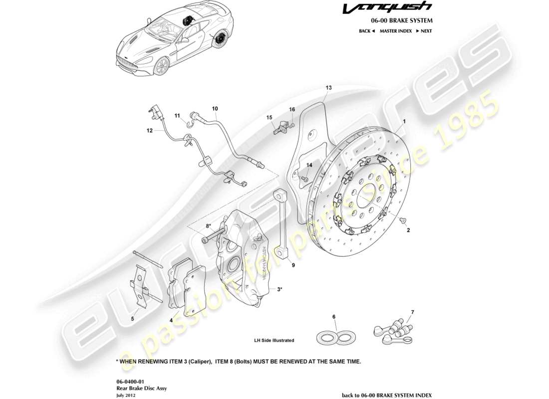 aston martin vanquish (2017) teilediagramm des hinterradbremssystems