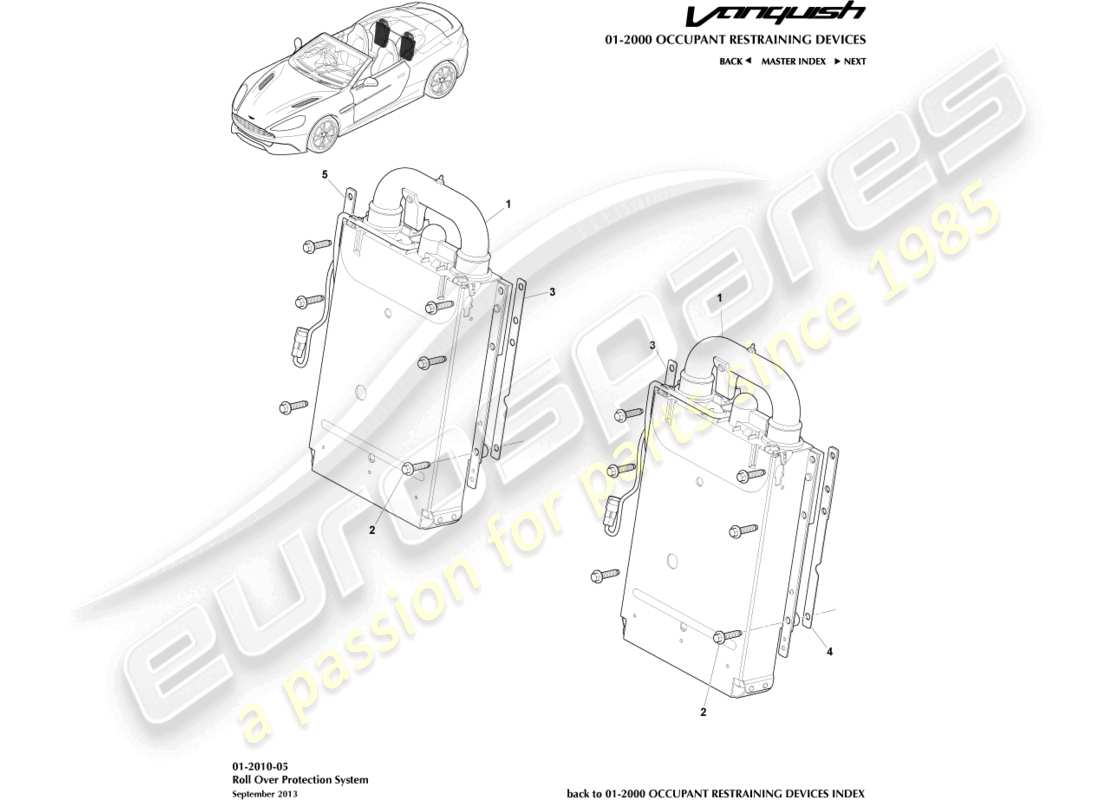 aston martin vanquish (2016) ausfahrbarer überrollbügel, volante-teilediagramm