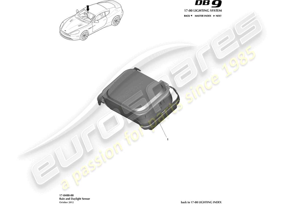 aston martin db9 (2013) teilediagramm des regen- und tageslichtsensors